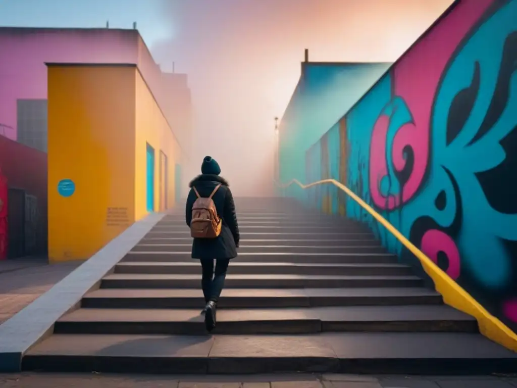 Un rincón inesperado: figura solitaria ante murales urbanos vibrantes, escaleras que se pierden en un cielo etéreo