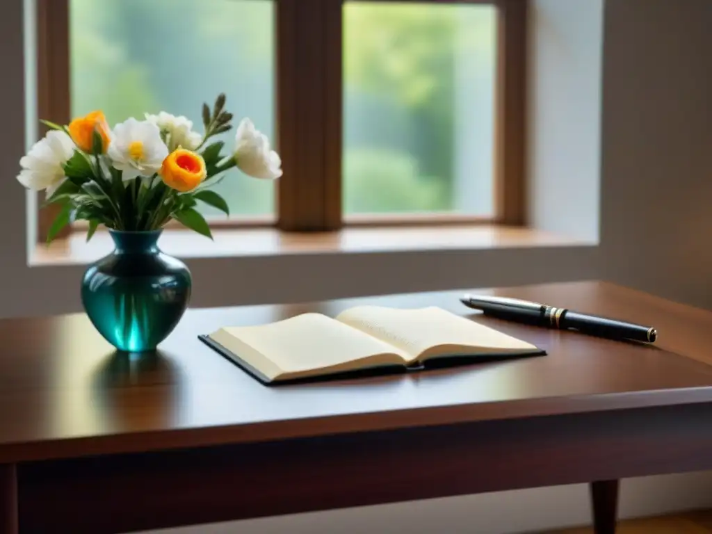 Un rincón poético: un escritorio moderno de madera oscura, pluma elegante, cuaderno de cuero y flores frescas