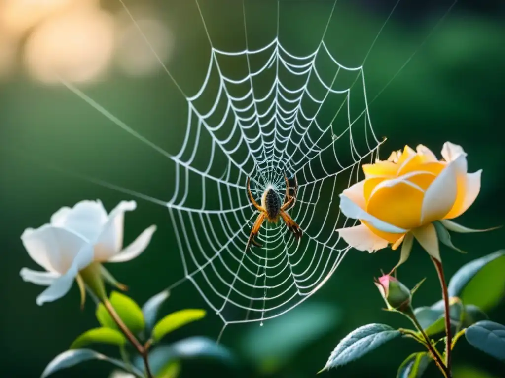 Un rincón poético donde una telaraña se entrelaza entre tres rosas, simbolizando la interconexión poética en tercetos