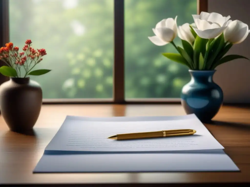 Un rincón sereno para escribir poesía con un escritorio de madera, una hoja en blanco y luz natural