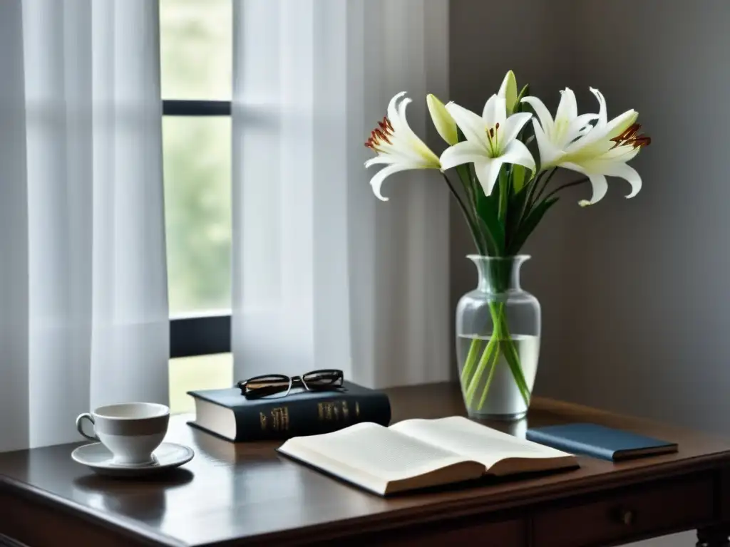 Un rincón sereno para rituales de escritura poética: escritorio con cuaderno en blanco y lirio blanco en florero