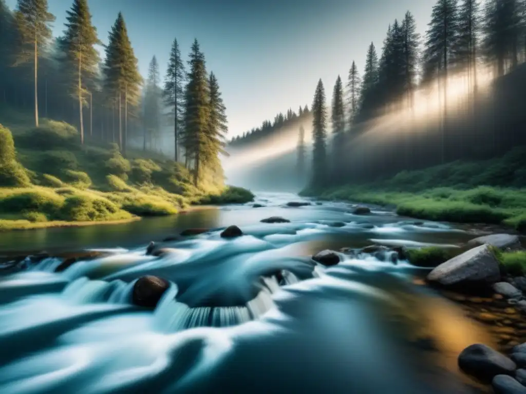 Un río serpenteando por un bosque sereno, donde cada ondulación del agua representa un ritmo poético