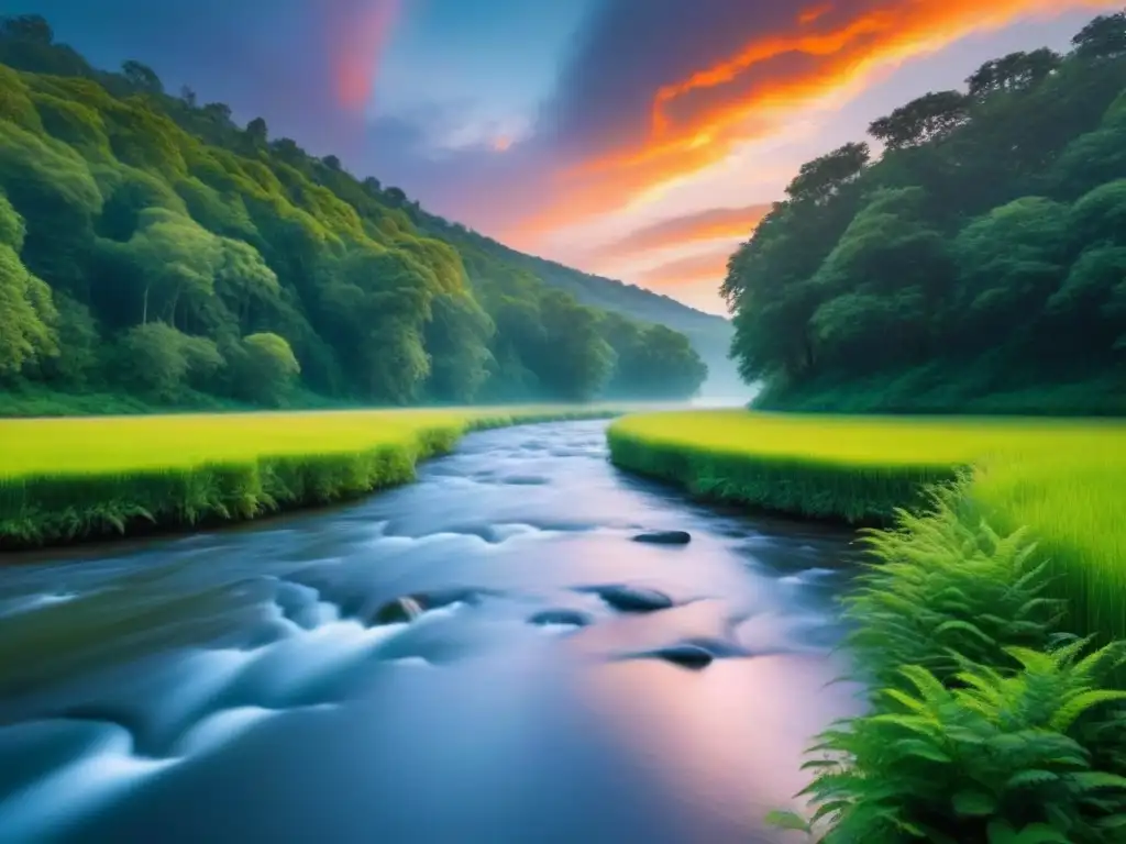 Un río fluyendo entre un bosque verde, con un cálido atardecer anaranjado