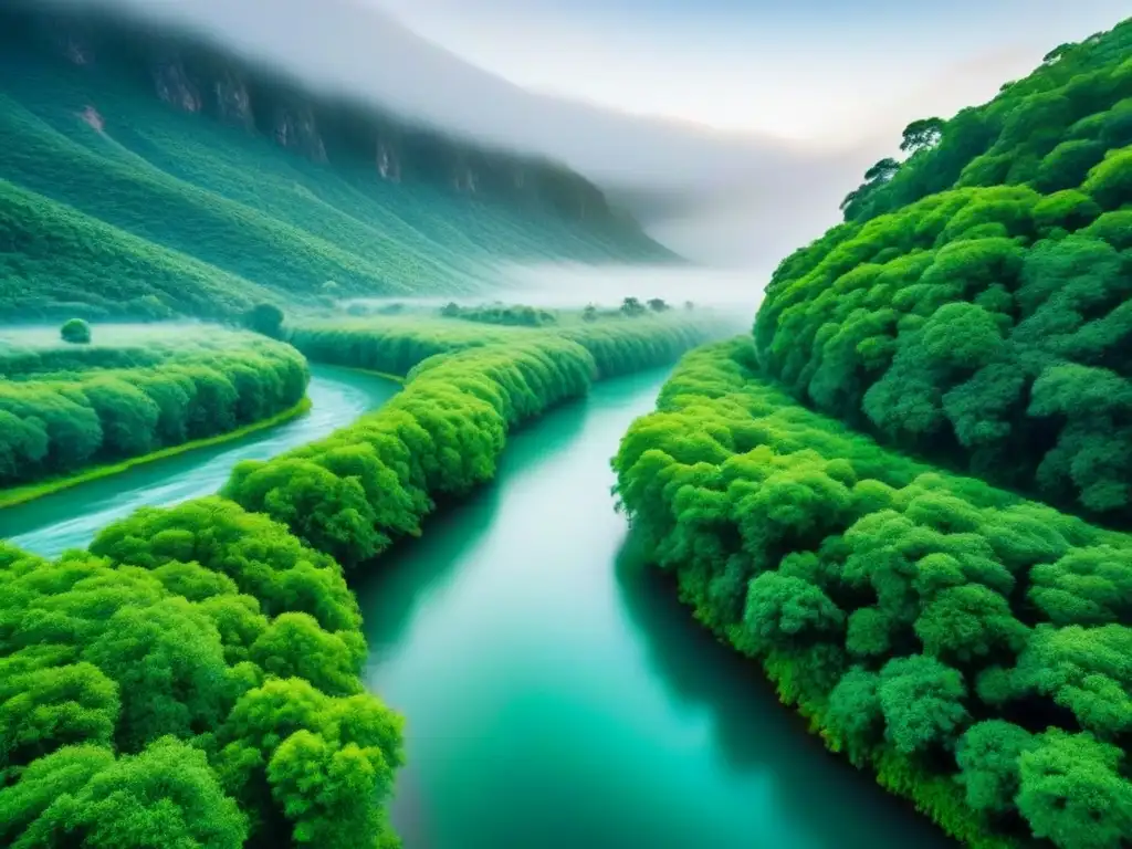Un río cristalino fluye entre exuberante vegetación, reflejando la pureza del entorno natural