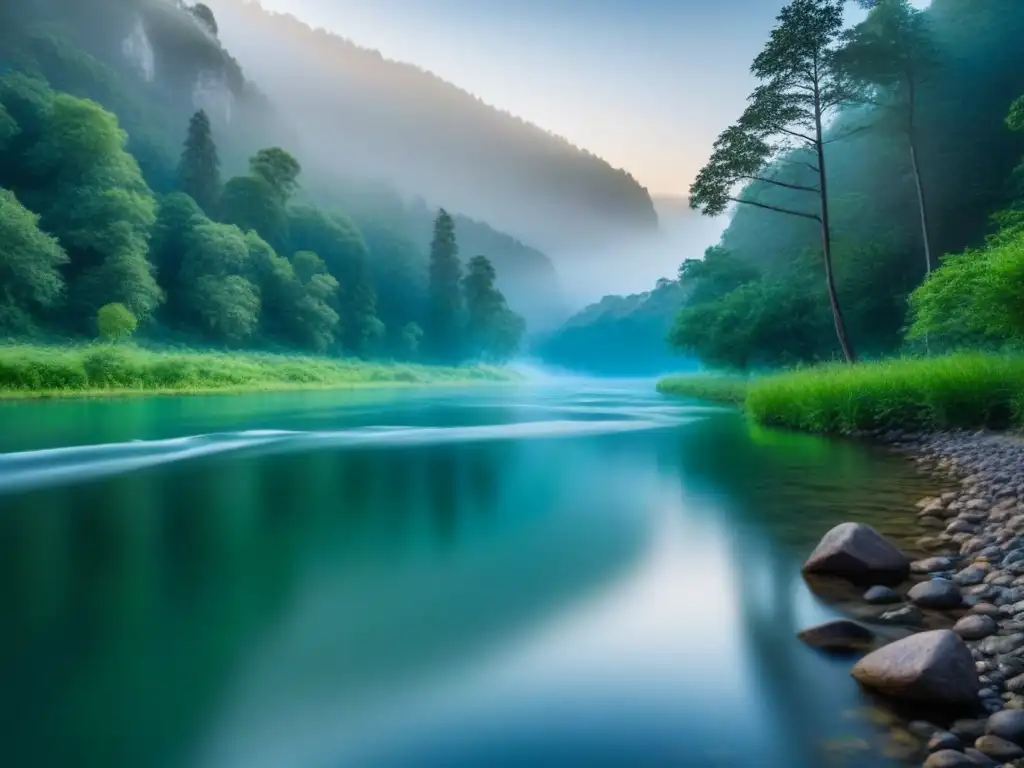 Un río cristalino fluye sereno entre árboles, reflejando la poesía como herramienta de cambio en su superficie tranquila