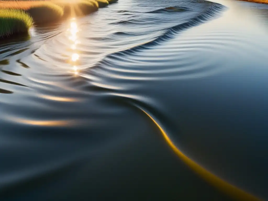 Un río fluyente con ondas suaves reflejando la luz solar, una representación visual armoniosa y serena del ritmo poético