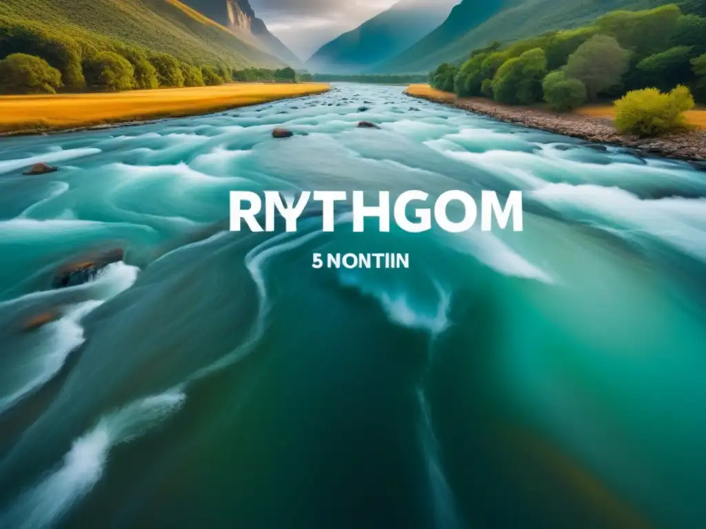 Un río fluyente con palabras y notas musicales entrelazadas, simbolizando la conexión entre música y poesía