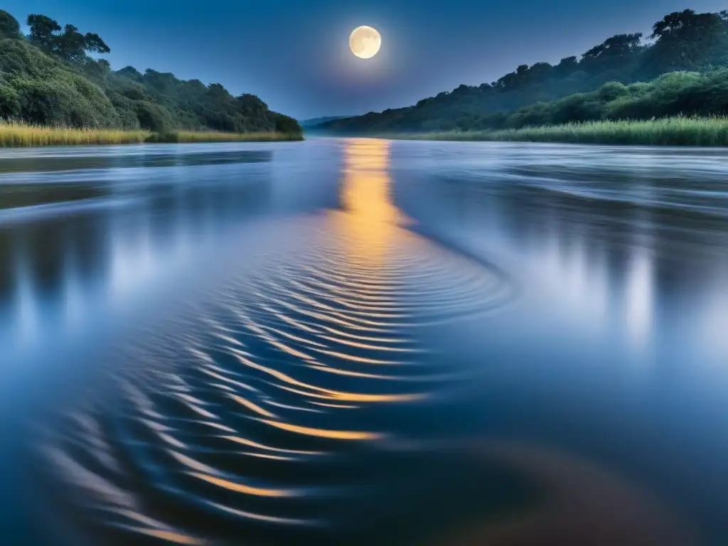 Un río fluyendo bajo la luna llena, capturando el brillo de la poesía lírica en el agua