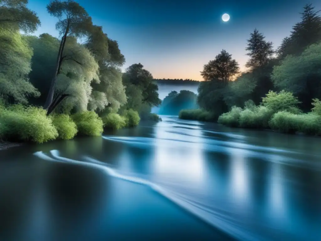 Un río fluye bajo la luz de la luna, rodeado de árboles en la noche