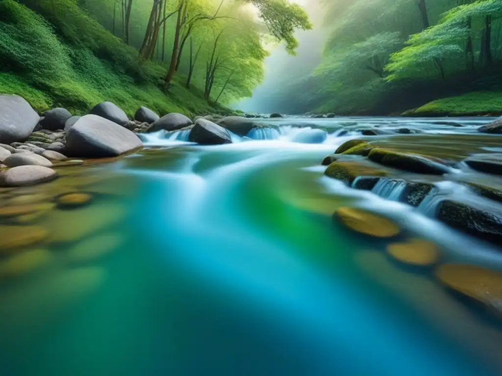 Un río sereno fluye entre un bosque verde, reflejando la armonía con la naturaleza