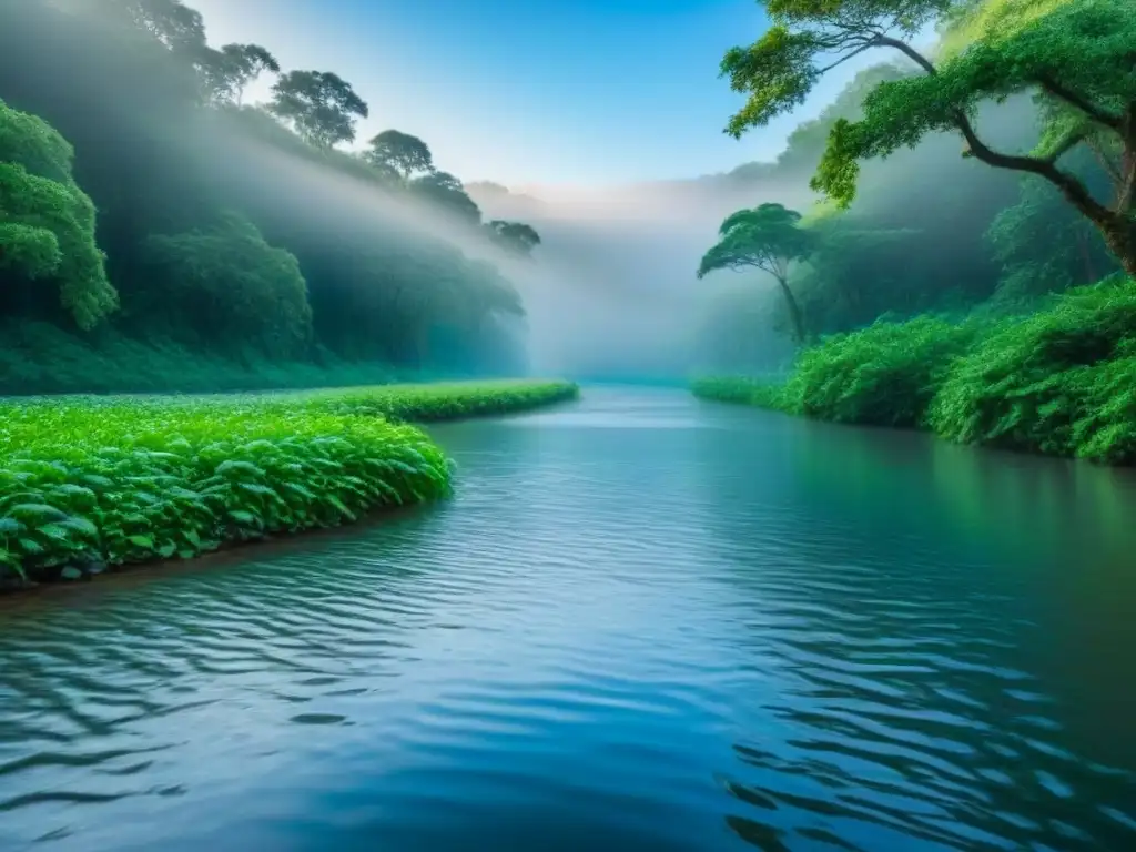 Un río sereno serpentea entre un bosque verde exuberante, reflejando el follaje vibrante y cielo azul claro