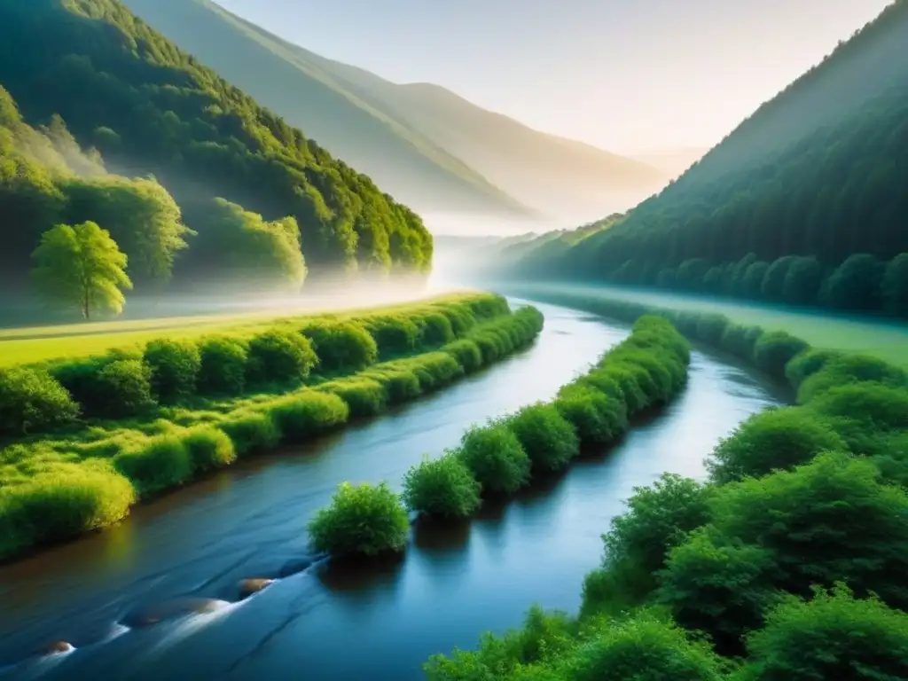 Un río serpenteante fluye entre árboles majestuosos en un bosque verde, reflejando la luz dorada del atardecer