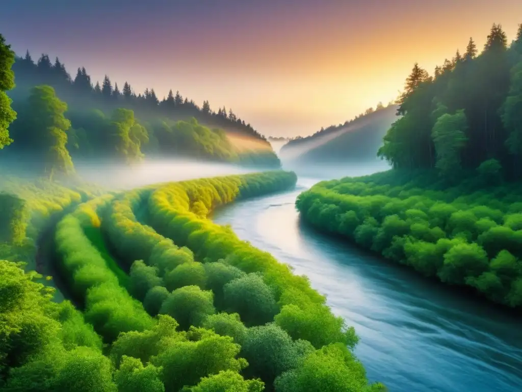 Un río serpenteante atraviesa un bosque exuberante bajo la luz dorada del atardecer, creando una atmósfera tranquila y poética