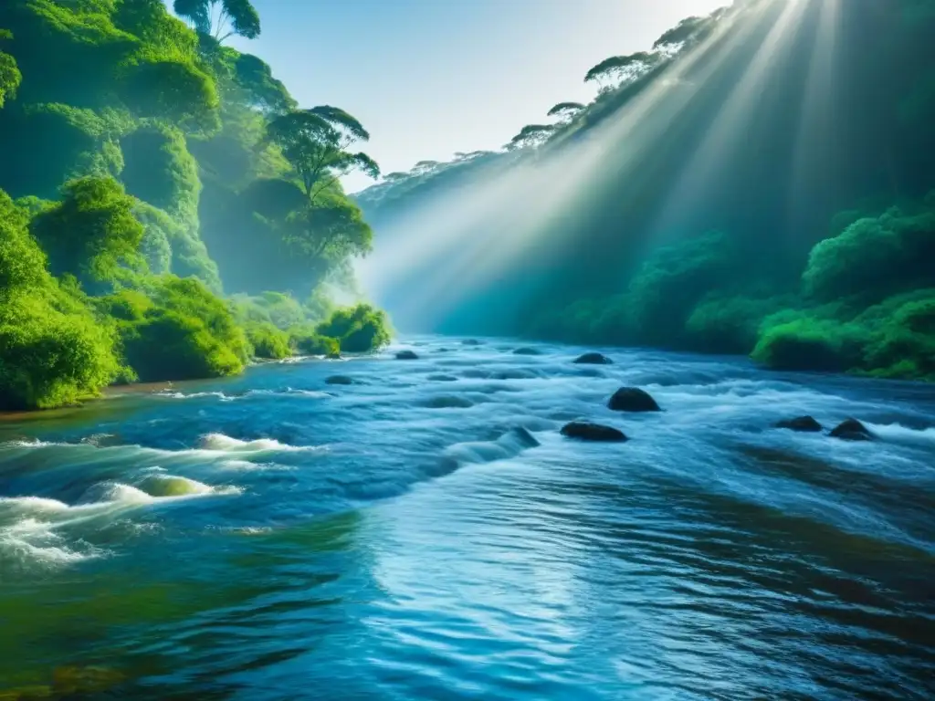 Un río serpenteante fluye entre un bosque exuberante, con la luz solar filtrándose a través del dosel, creando sombras moteadas en el agua