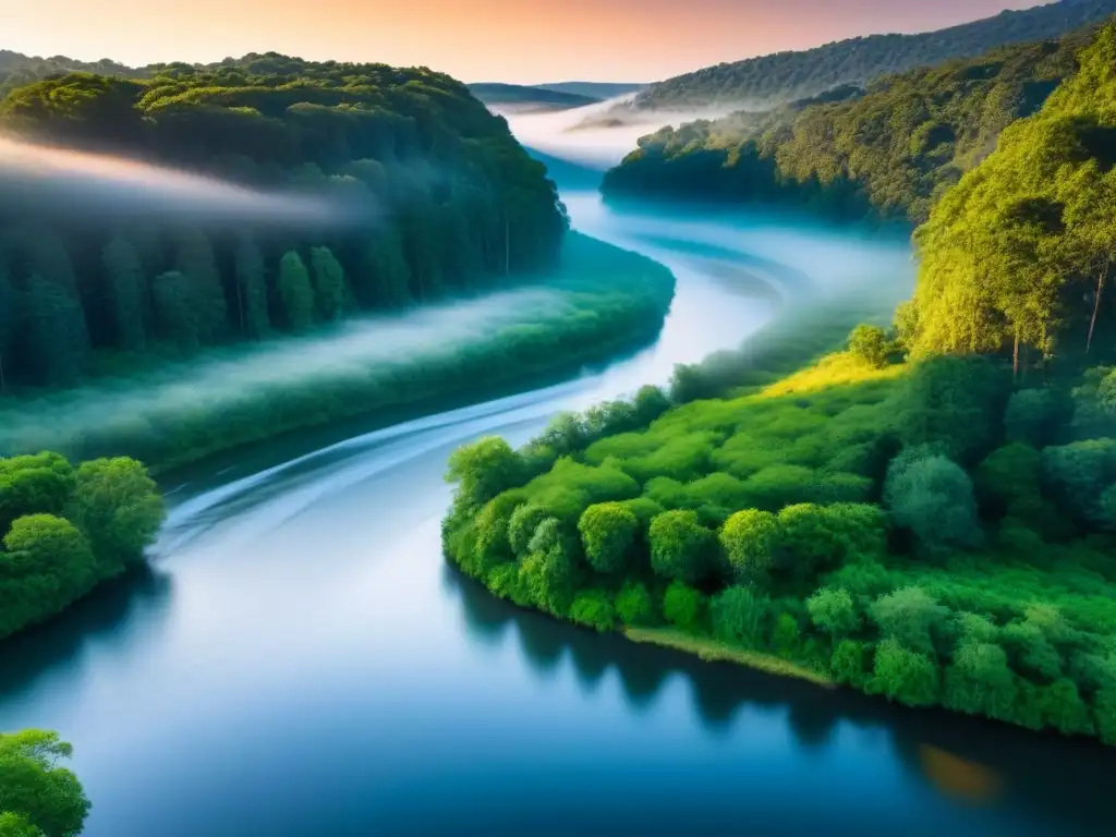 Un río serpenteante fluye entre un bosque vibrante bajo un atardecer dorado, reflejando paz y conexión con la naturaleza