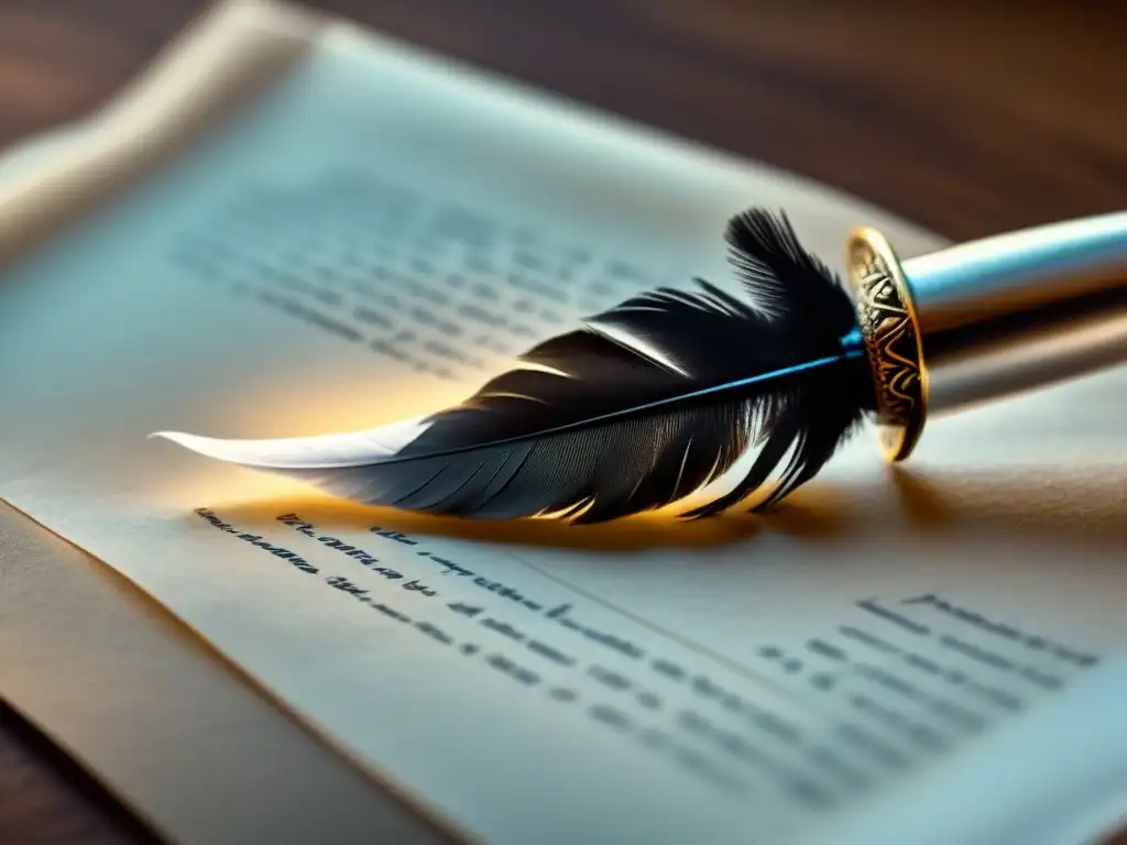 Rituales de escritura poética: Pluma sobre pergamino en blanco, iluminada por suave luz, destacando elegancia y simplicidad