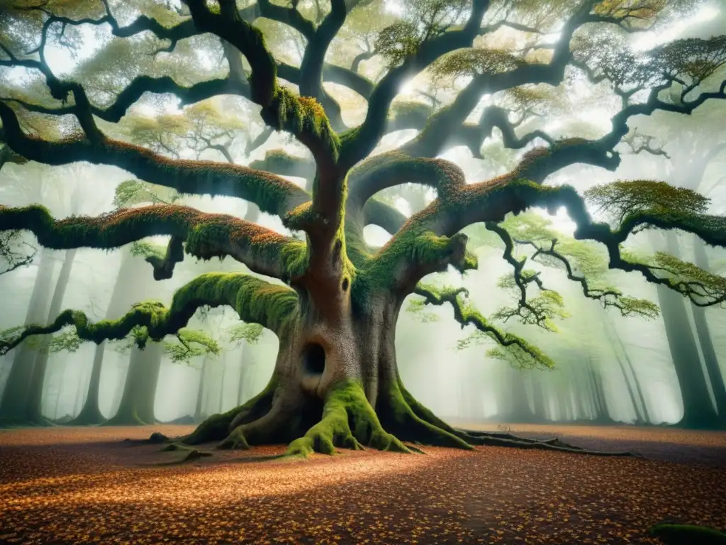 Un roble ancestral en un bosque místico, con ramas retorcidas y hojas y bellotas, simbolizando el significado árboles simbolismo poético