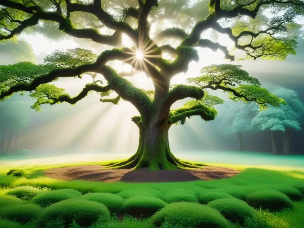 Un roble majestuoso en un bosque verde, con luz filtrando entre las hojas, creando una atmósfera serena