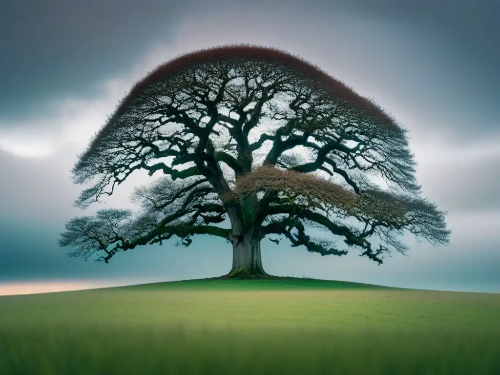 Un roble solitario se alza en un campo desolado bajo un cielo sombrío, reflejando la realidad en la poesía Hardy