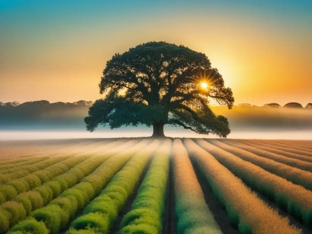 Un roble solitario en un campo extenso bajo un cielo azul, con el sol poniéndose y creando un aura dorada