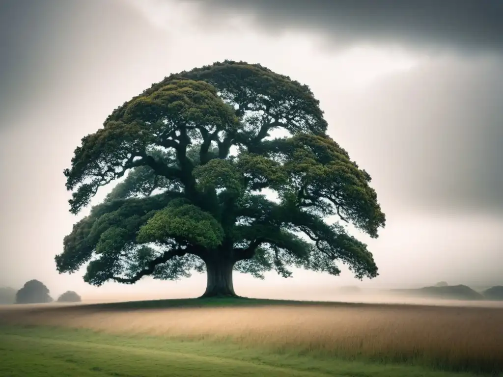 Un roble solitario destaca contra un cielo nublado, simbolizando la belleza eterna de la naturaleza en la poesía de Hardy