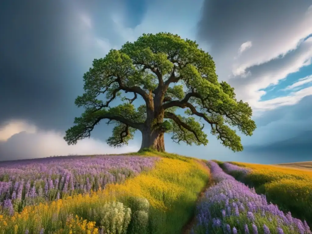 Un roble solitario se alza entre flores silvestres vibrantes bajo un cielo dramático, mostrando el poder transformador de la poesía