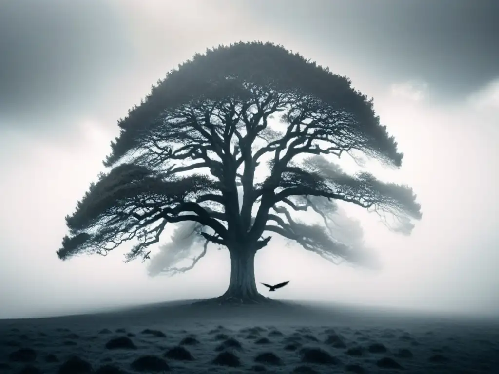 Un roble solitario en un paisaje gallego sereno, con neblina y aves, conectando con la naturaleza y la poesía de Cantares Gallegos