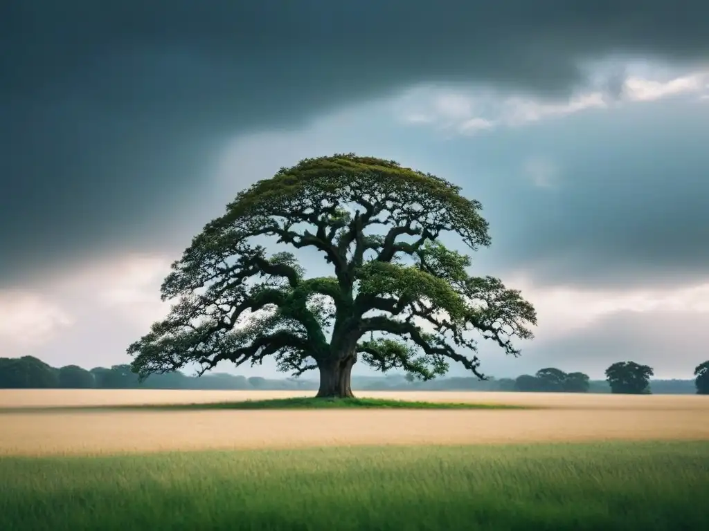 Un roble solitario y retorcido se alza en un campo vasto bajo un cielo dramático lleno de nubes oscuras, simbolismo naturalista en poesía