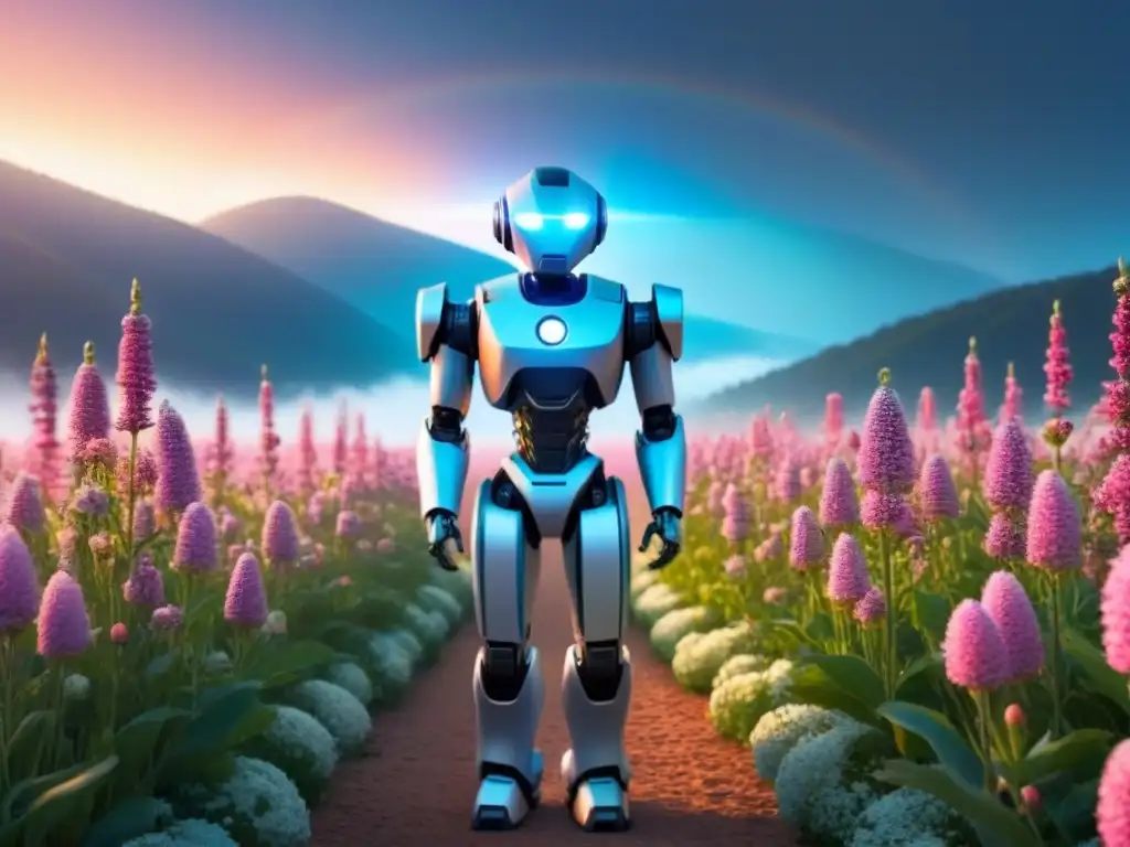Un robot futurista de IA crea poesía entre códigos binarios y flores digitales