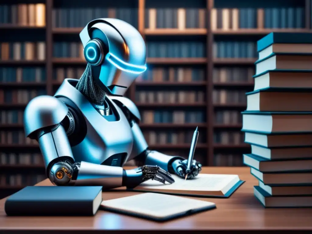 Un robot futurista escribe poesía con una pluma rodeado de libros clásicos y tablets con código, reflejando la fusión de tradición poética e Inteligencia Artificial en poesía