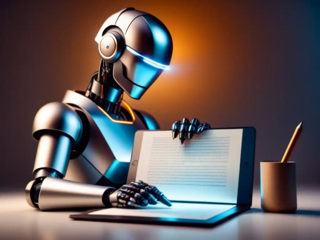 Un robot AI futurista escribiendo poemas generados por IA en pergamino con una pluma, fusionando lo tradicional y moderno