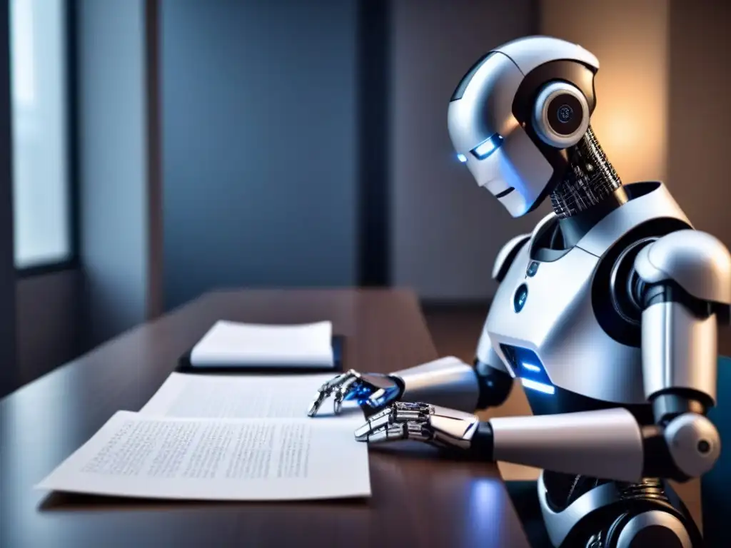 Un robot AI futurista componiendo poesía en un escritorio moderno, rodeado de versos y código