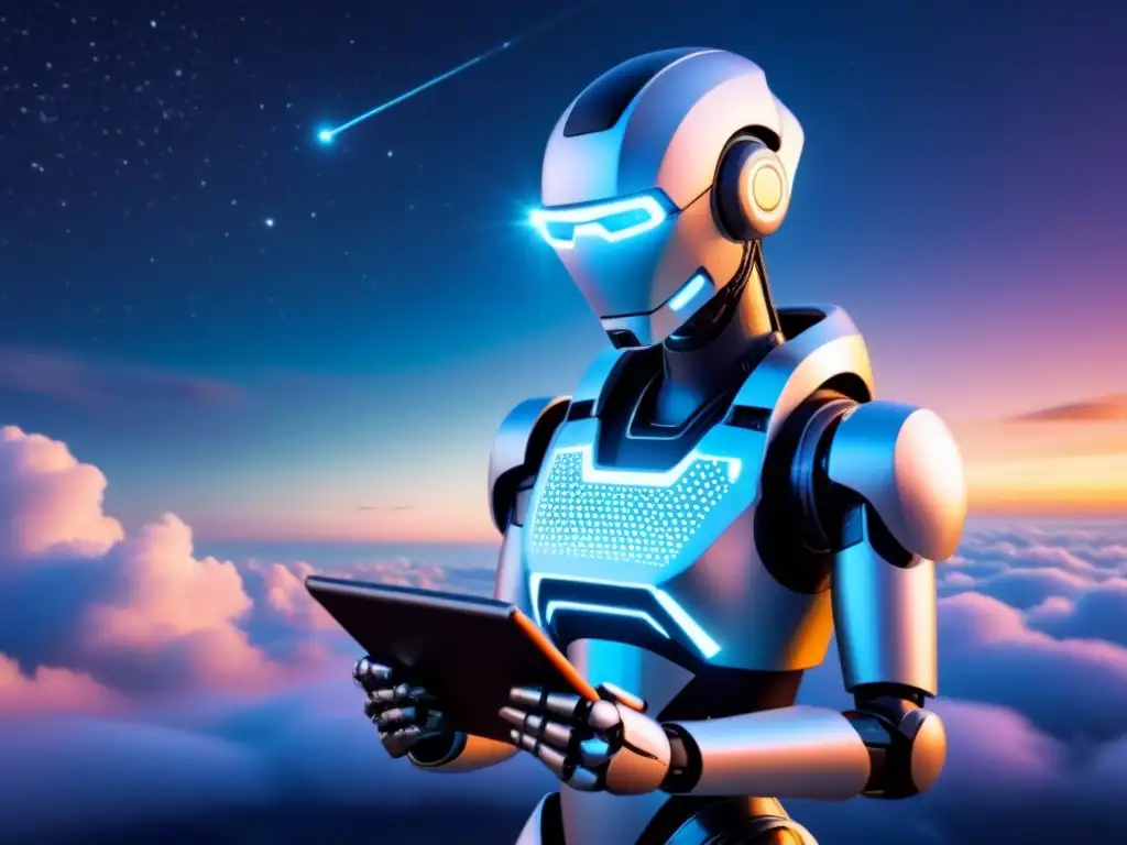 Robot AI escribiendo poesía en tablet digital Un robot IA futurista escribiendo poesía en una tableta digital, rodeado de código y datos brillantes, en un escenario etéreo de nubes binarias y constelaciones digitales