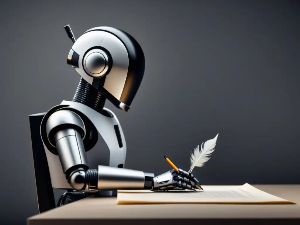 Un robot moderno sostiene una pluma de escribir, fusionando tecnología y poesía