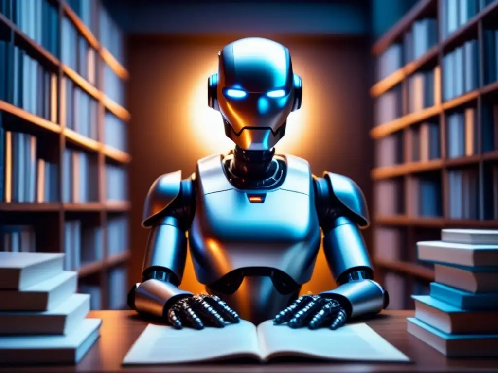 Robot AI inmerso en poesía digital en 8k Un robot AI moderno rodeado de poesía generada por IA en un escenario futurista