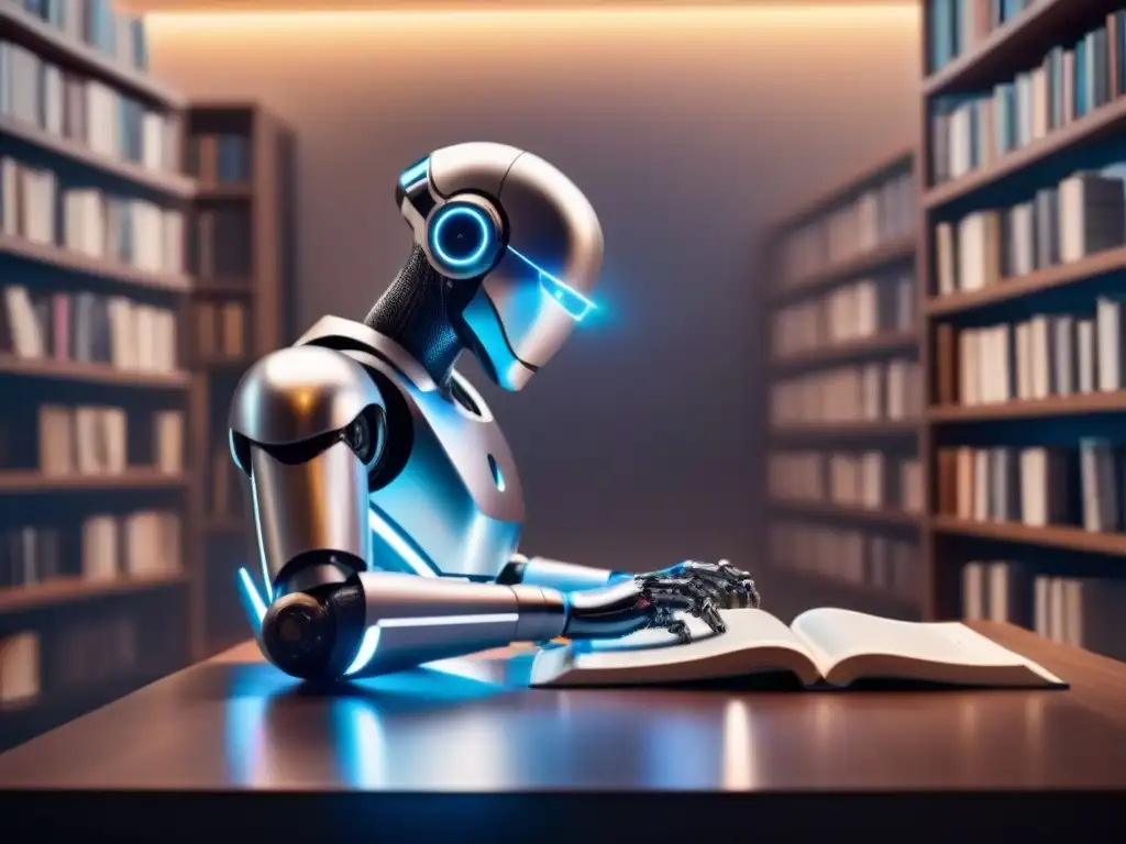 Un robot de IA aprendiendo a escribir poesía en un ambiente futurista y artístico