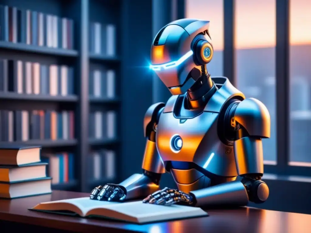 Un robot de IA poética rodeado de libros, con una pantalla brillante mostrando versos modernos