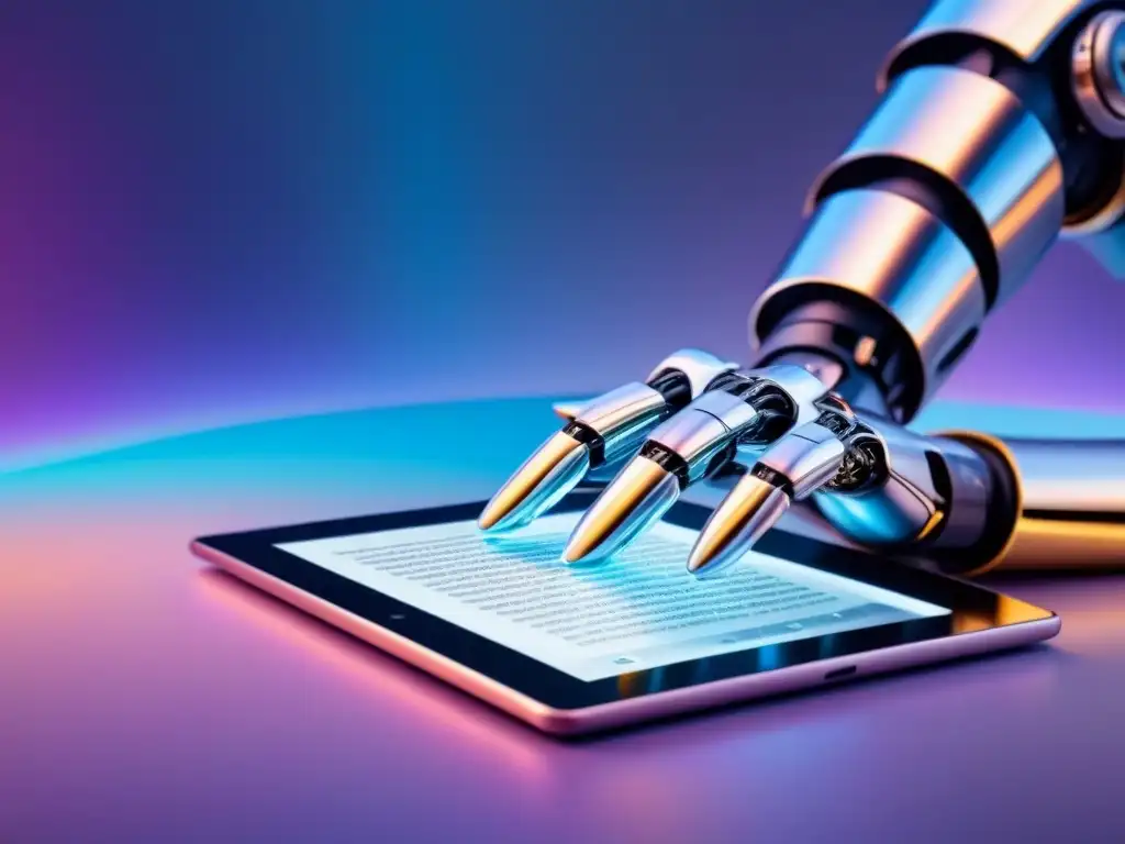 Robot poeta: versos AI en tablet Un robot de IA crea poesía lírica transformadora en una tablet digital