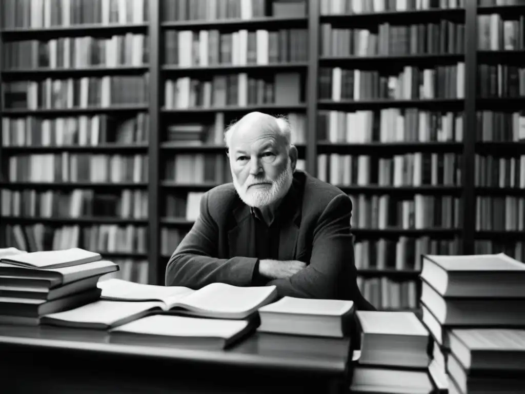 Lawrence Ferlinghetti en City Lights Bookstore, rodeado de libros, en profunda contemplación