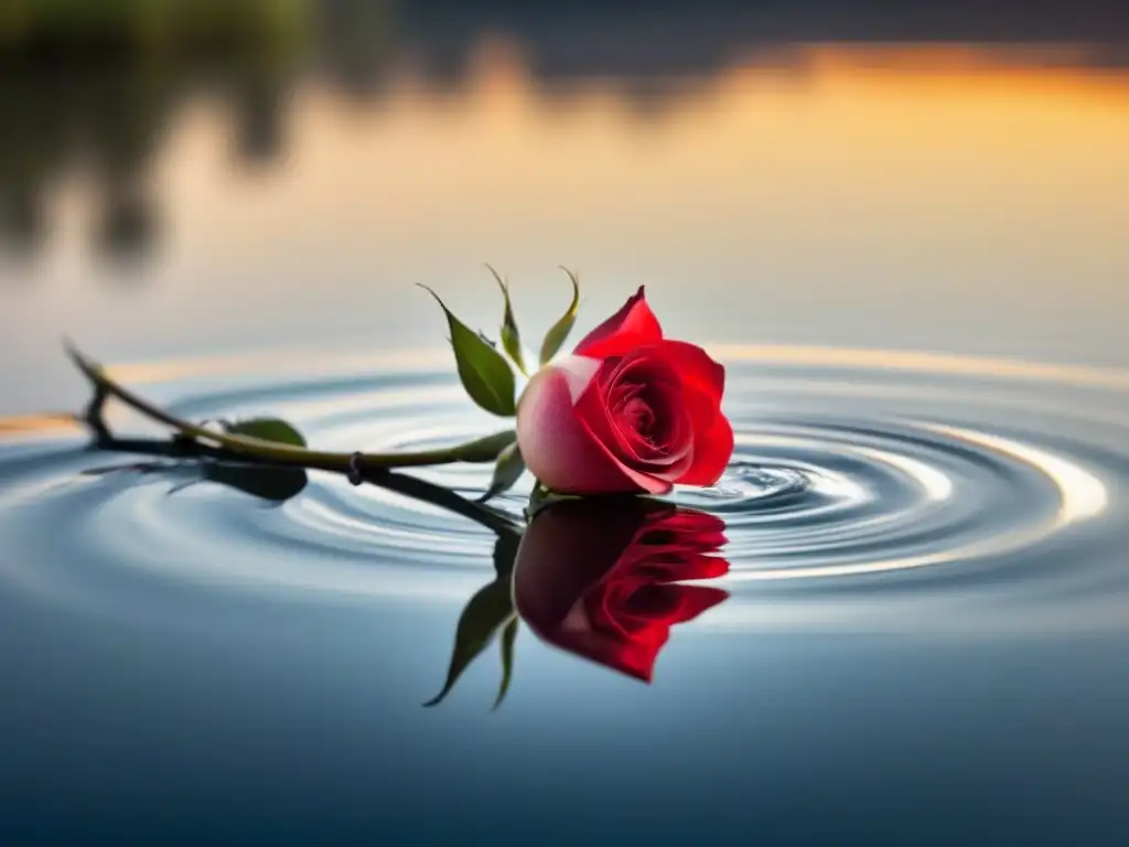 Una rosa roja flotando en agua tranquila al atardecer, simbolizando el poder transformador de las palabras poéticas en las emociones