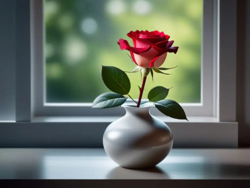 Una rosa roja en un jarrón blanco, reflejando la magia poesía corta transformadora palabras en su belleza y simpleza