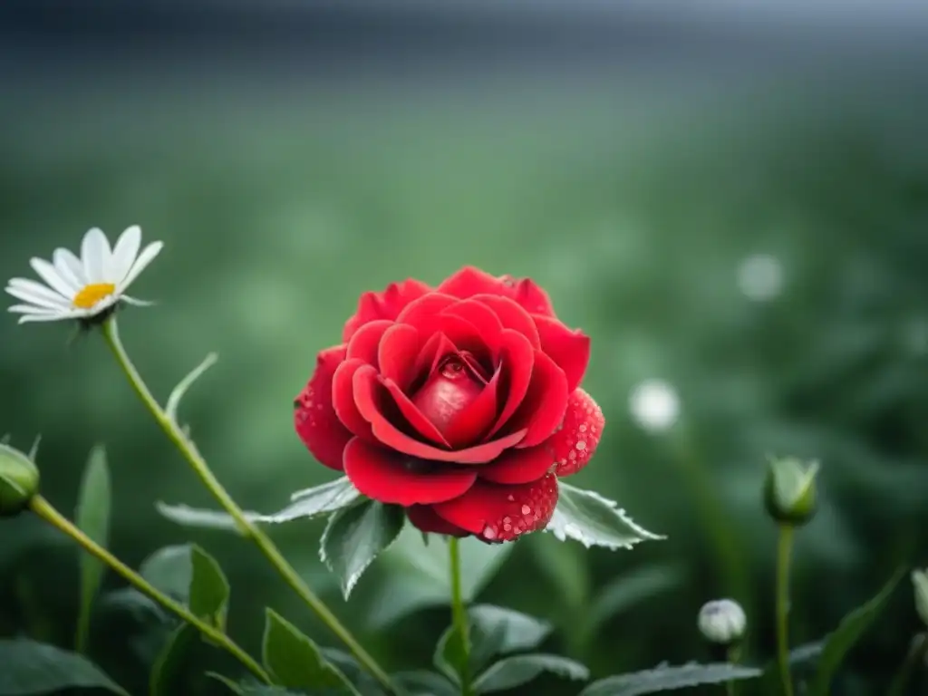 Rosa roja en campo de margaritas: belleza única en detalle Una rosa roja destaca en un campo de margaritas en blanco y negro, mostrando su belleza única