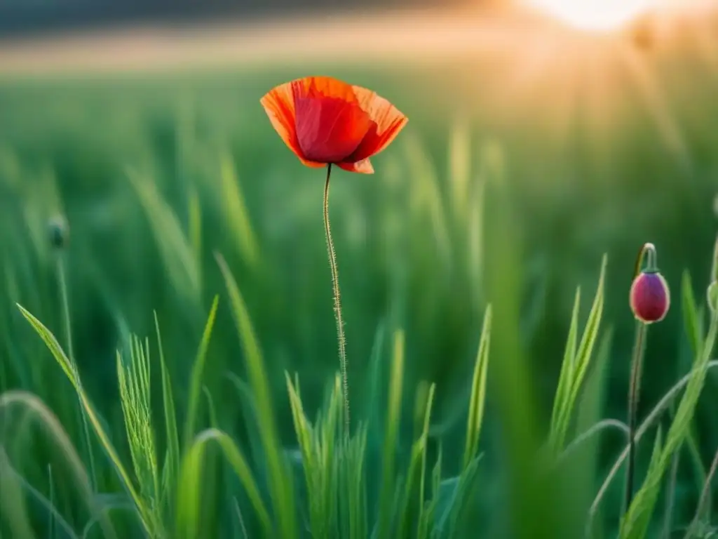 Un amapola roja destaca en un campo verde al atardecer, evocando la poesía, profundidad y belleza de Antonio Machado