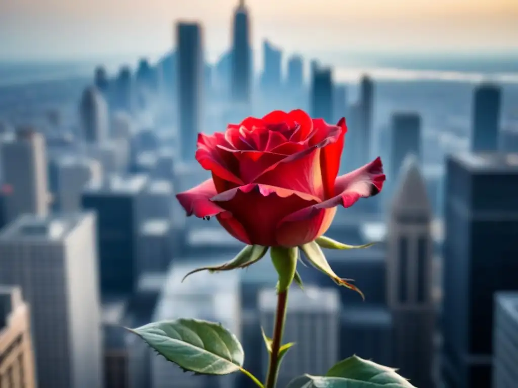 Una rosa roja gigante eclipsa la ciudad en un uso de hipérbole en poesía