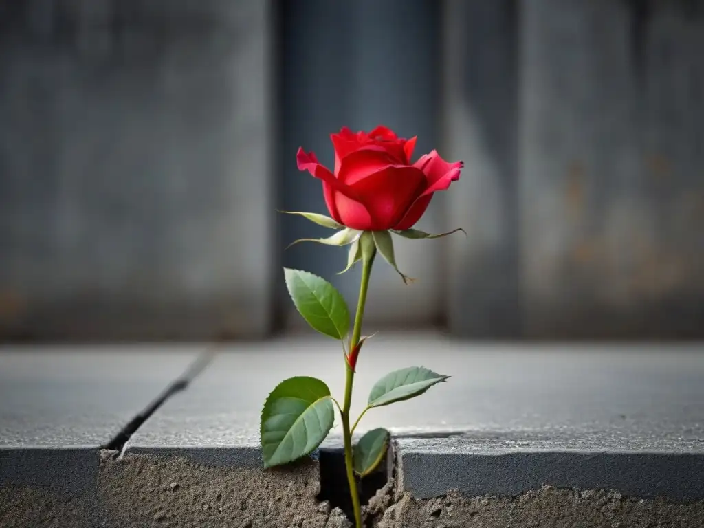 Una rosa roja florece entre concreto agrietado, simbolizando poesía transformadora en tiempos difíciles