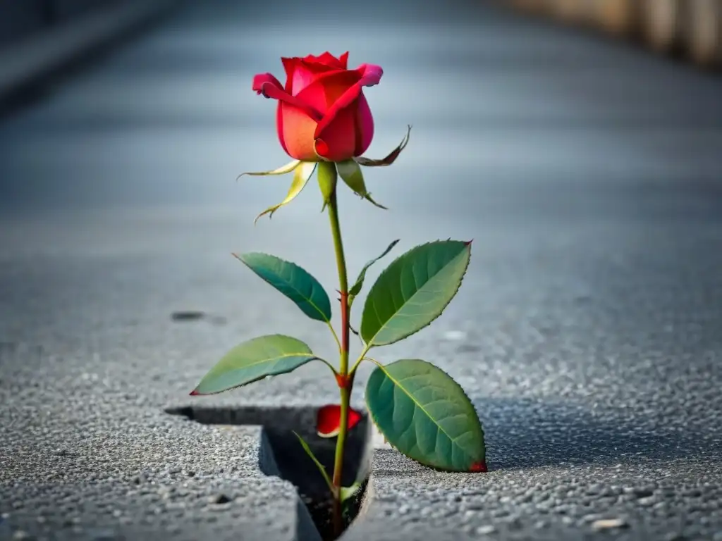 Una rosa roja floreciendo en concreto agrietado, símbolo de esperanza y resiliencia