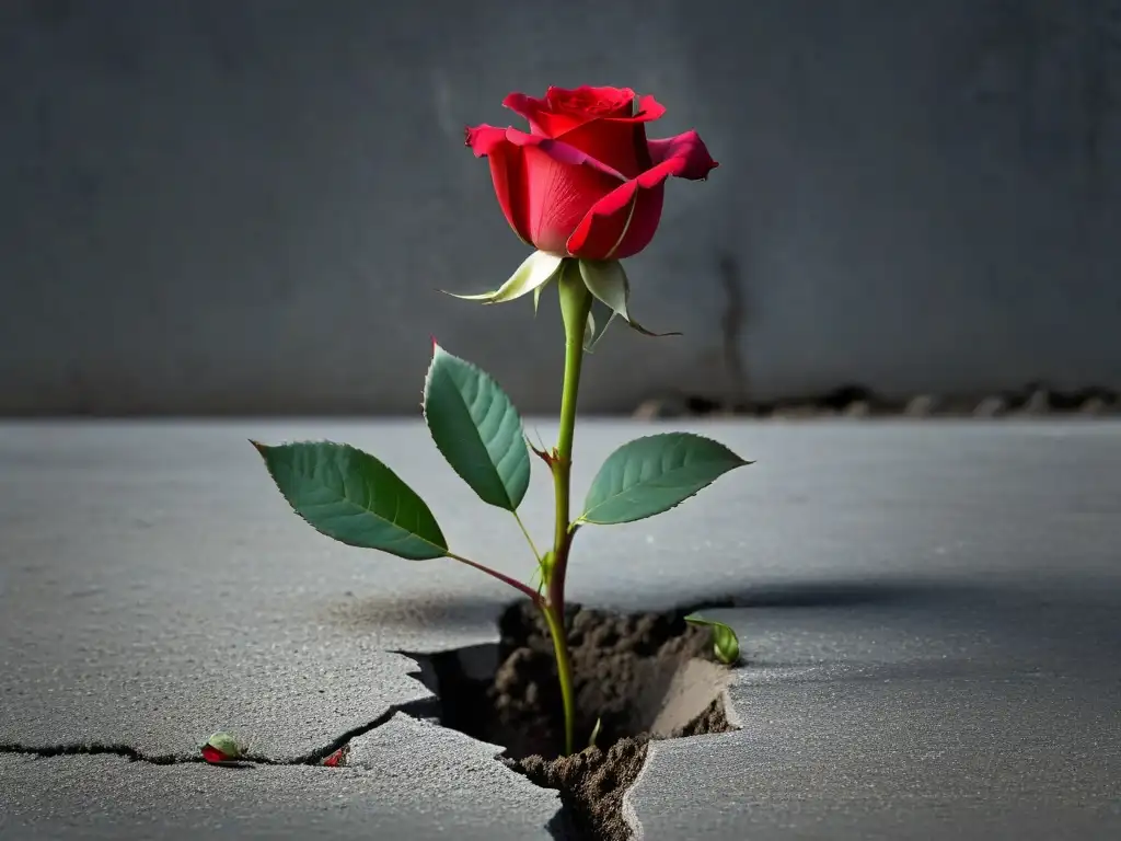 Una rosa roja crece en concreto, simbolizando la poesía como herramienta de cambio social