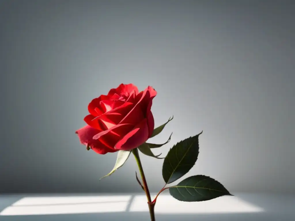 Una rosa roja floreciendo en un cuarto blanco, con luz natural y sombras suaves en sus pétalos, simbolizando metáforas en poesía lírica