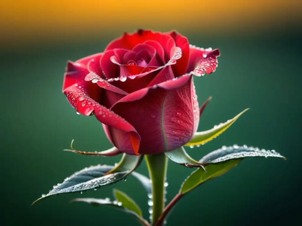 Una rosa roja cubierta de rocío, reflejo de la belleza y complejidad del Barroco en poesía lírica