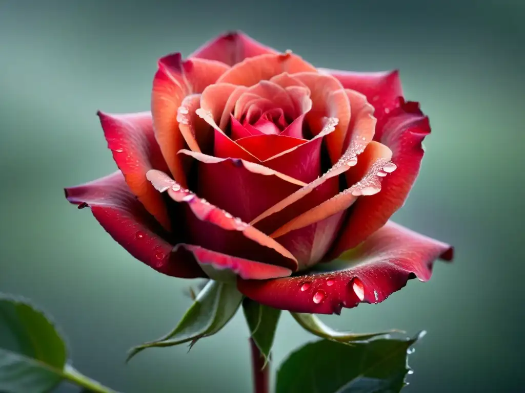 Una rosa roja delicada florece entre una bruma etérea, con detalles ultra realistas que cautivan